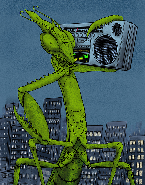 Image of a Giant Mantis Carrying a Boombox - Artist: Jonas Hastings