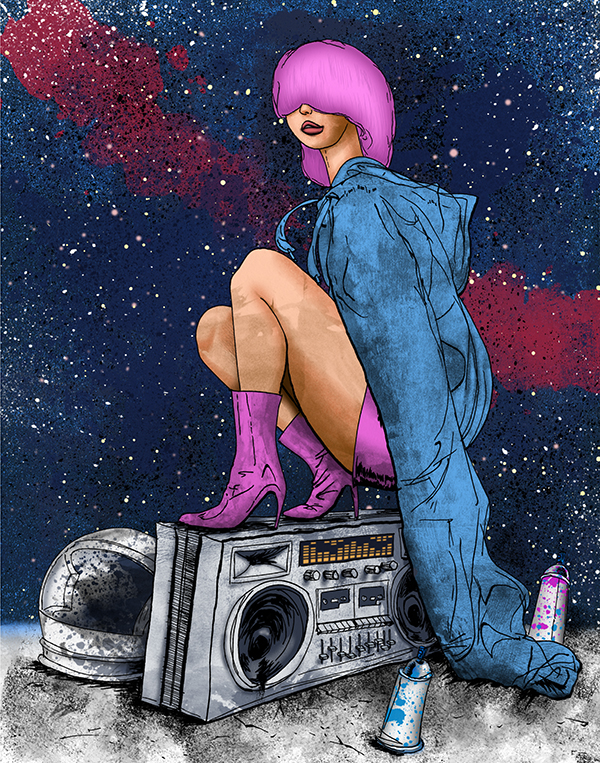 Image of a Girl with pink hair crouched on a boombox - Artist: Jonas Hastings
