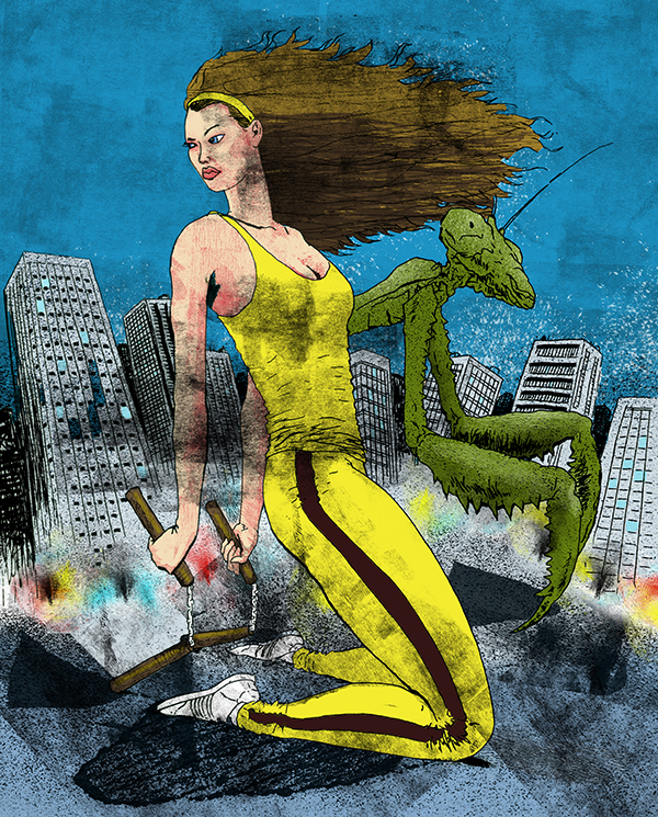 Image of a Woman in a yellow track suit wielding nunchucks - Artist: Jonas Hastings