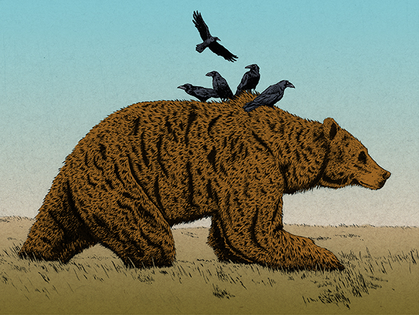 Image of a Bear walking is a Field with a Murder of Crows on his shoulder - Artist: Jonas Hastings